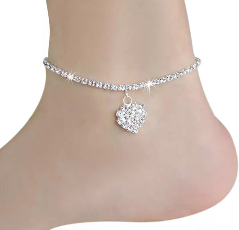 Rhinestone heart pendant anklet